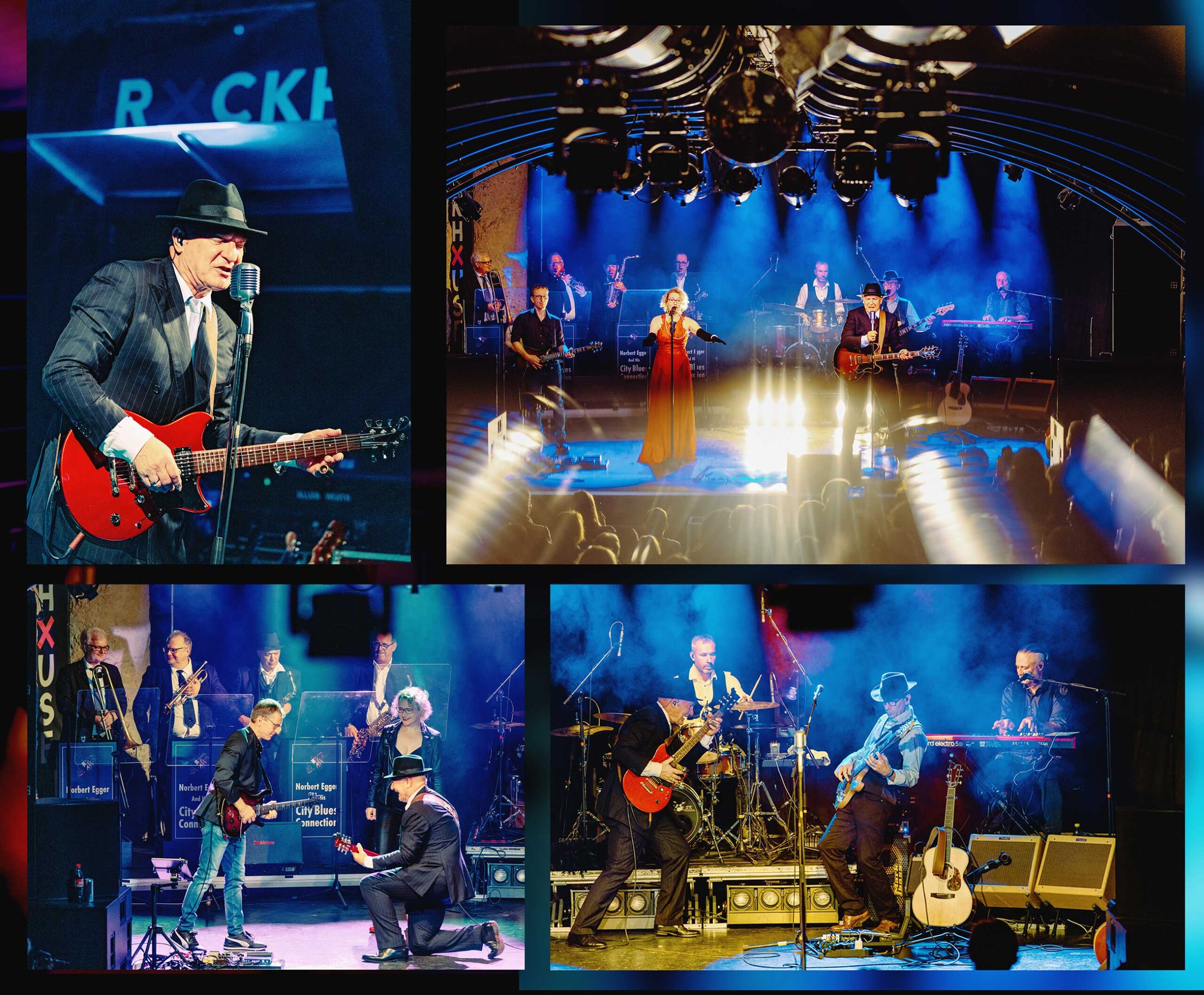 Collage mit Eindrücken der City Blues Connection im Rockhouse – authentische Live-Momente, Lichtstimmungen und Atmosphäre der Konzertfotografie Salzburg.
