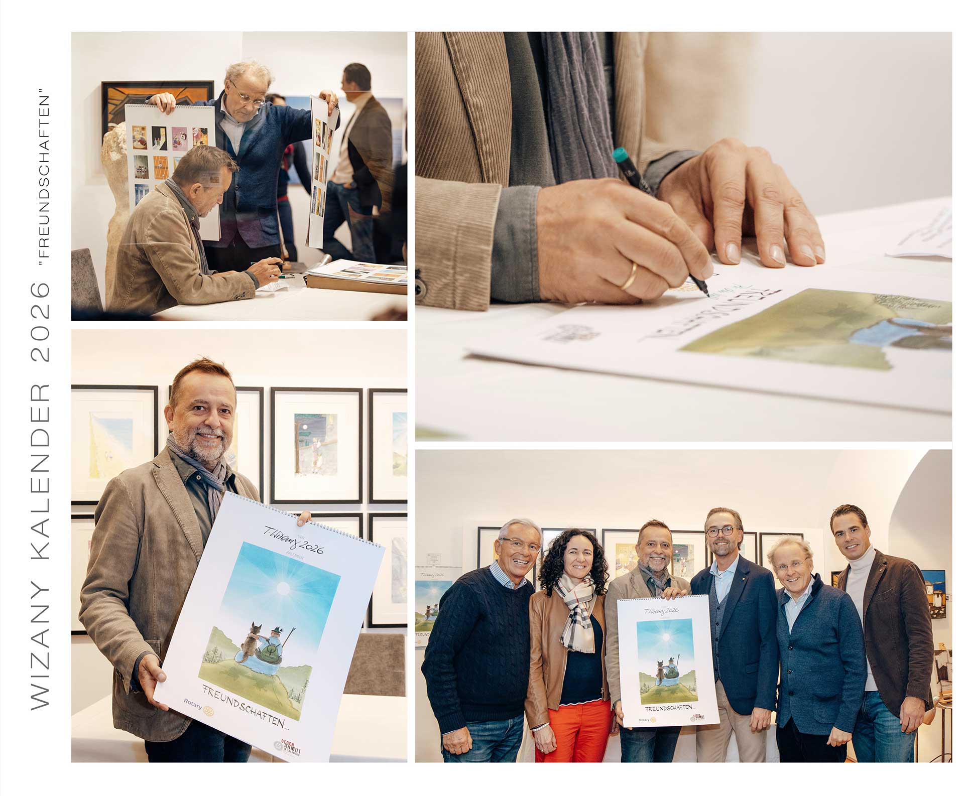 Eventfotografie der Präsentation des Wizany Kalenders 2026 mit Thomas Wizany und dem Rotary Club Salzburg Altstadt in der Galerie Gerlich.