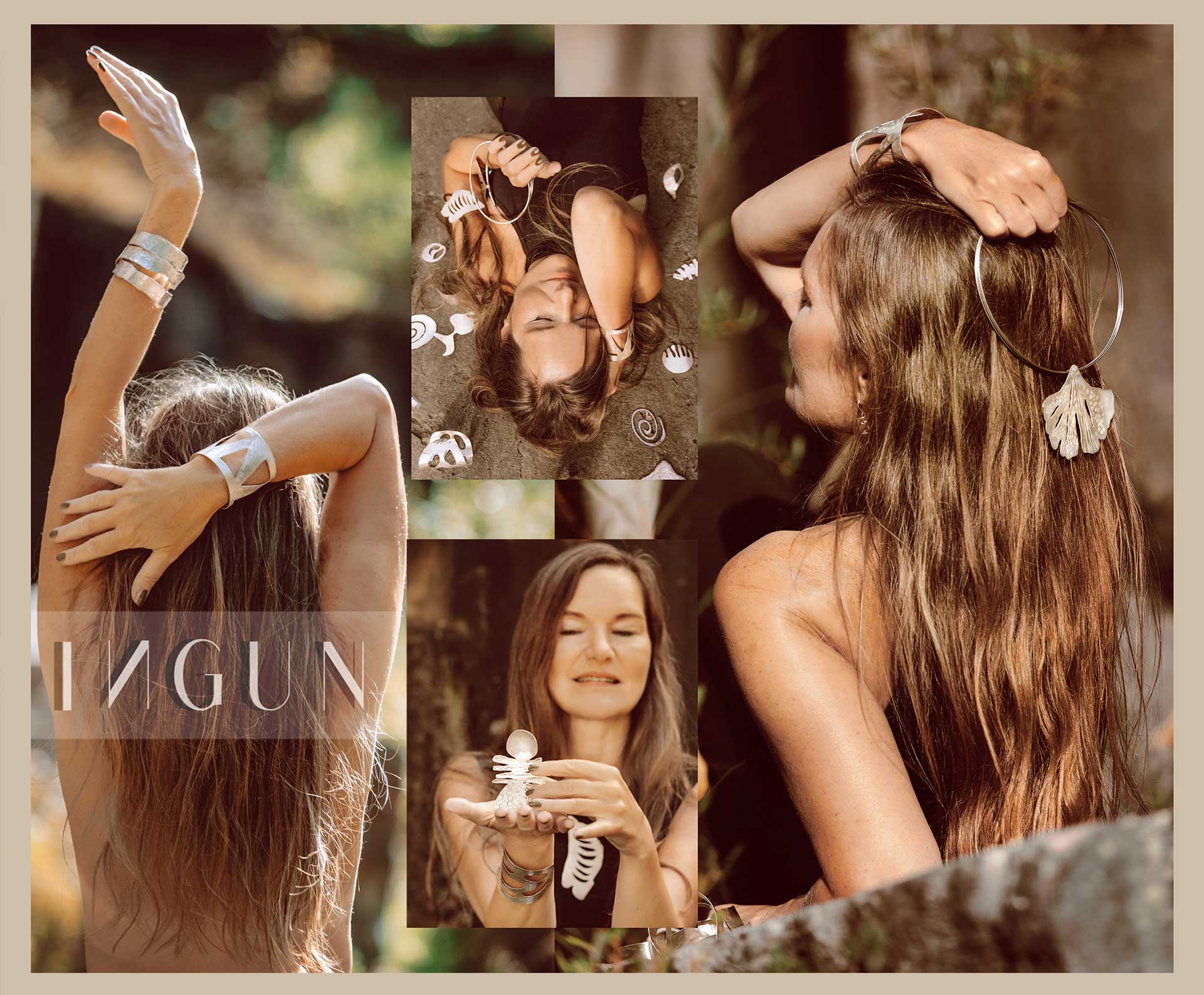 Künstlerische Portraitfotografie mit Frau und handgefertigtem Silberschmuck in natürlicher Umgebung